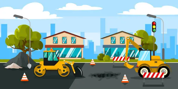 Vector illustration of Vector illustration of innovative road repair. Cartoon urban buildings with new and old roads that are being built by bulldozer and an asphalt paver with a city in the background.