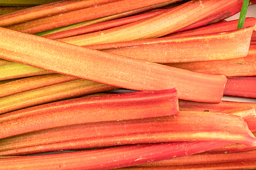 Red rhubarb stemson the farm market stall. Food background.