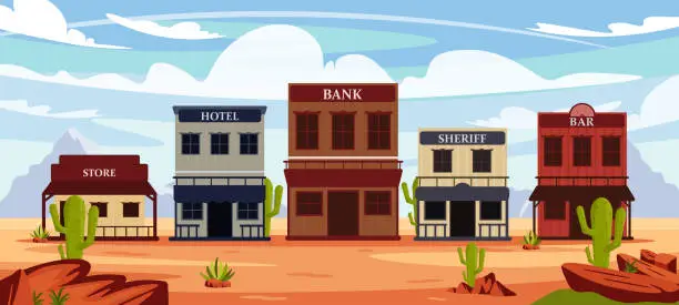 Vector illustration of Vector illustration of old wild west houses. Cartoon landscape with American buildings of shop, bank, hotel, sheriff, bar on the background of mountains.