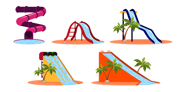 Set of colorful water slides in cartoon style. Vector illustration of attractions for the water park of different shapes and heights on white background.