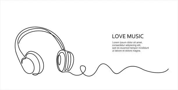 Vector illustration of Hand drawn one line vector. Continuous one line drawing of headphones. Vector illustration