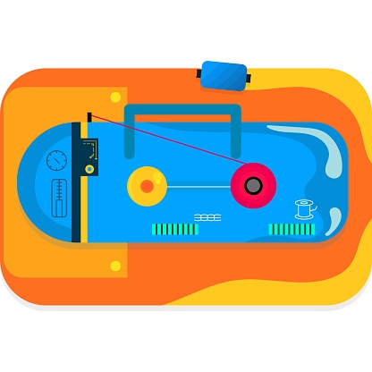 Vector icon of  a Retro-Inspired Blue and Yellow Radio with a Vibrant Red Button.