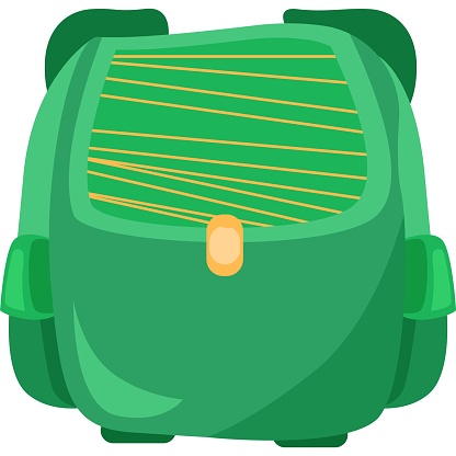 A green backpack with a yellow button on it
