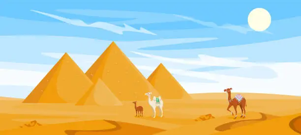 Vector illustration of Vector illustration of hot desert. Cartoon sandy landscape with ancient pyramids, camels in the desert under the hot sun.