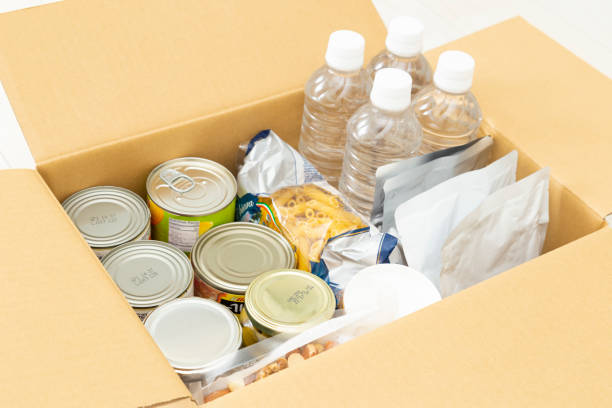 Emergency food stored in cardboard boxes.