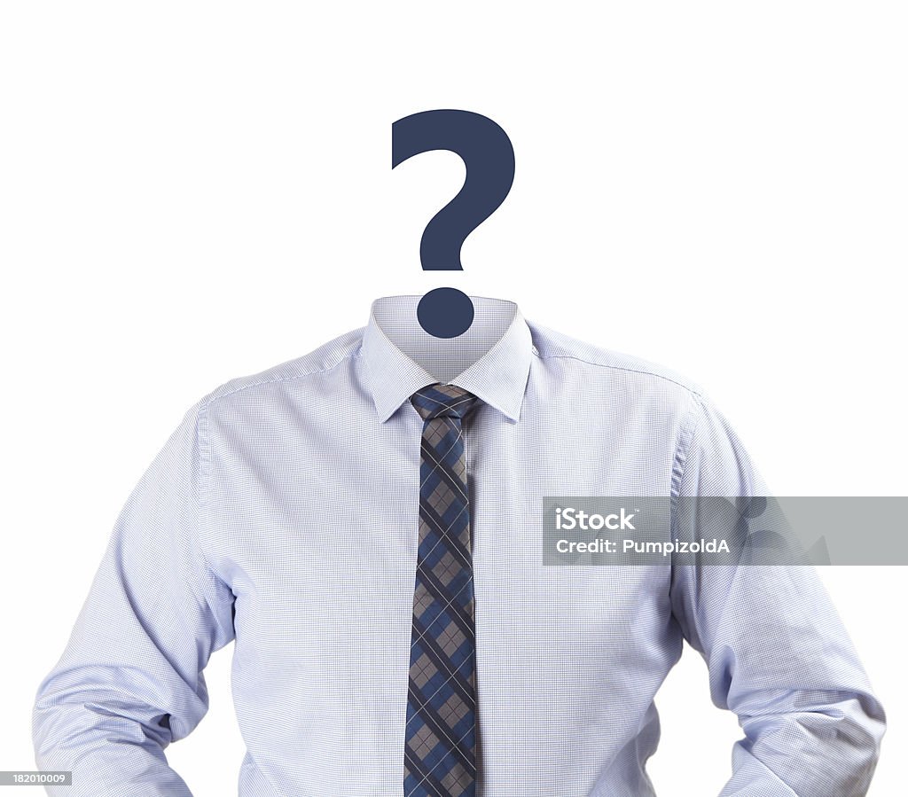 Man with a question mark as a face empty blue shitr on white background Necktie Stock Photo
