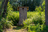 Wooden toilet in the forest in the summer.