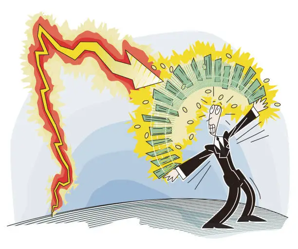 Vector illustration of the graphic diagram strikes the banknotes in the man's hand like lightning