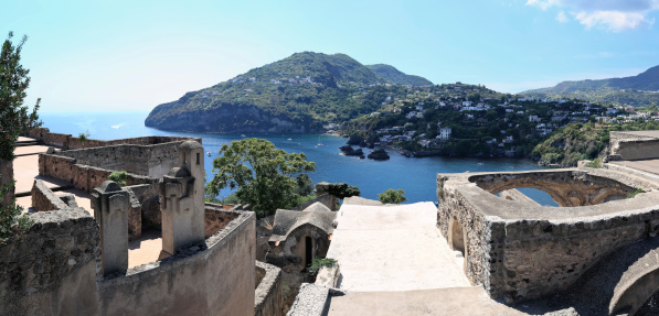 Panoramic view of coastline from medieval Aragonese castle, Ischia Island (Italy). Image assembled from few frames