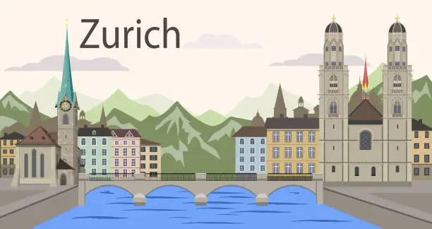 Vector illustration of Zurich cityscape with landmarks