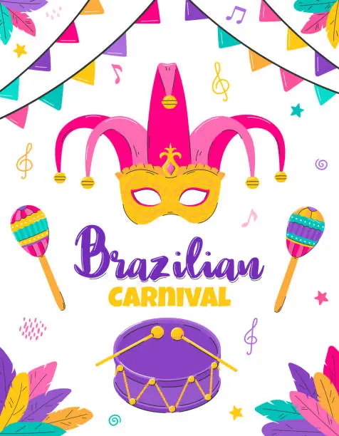 Vector illustration of Brazilian carnival poster template. Invitation with Mask, maracas, drum, feathers. Flat vector illustration on white background. Clipping mask