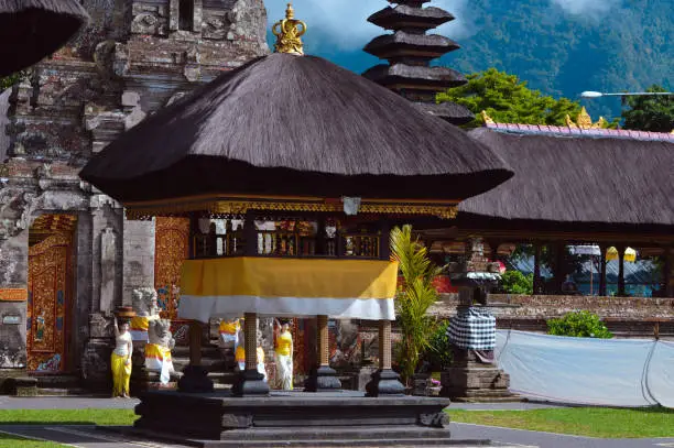 Balinese Ethnic Buildings Of Ulun Danu Beratan Hindu Temple By The Mountain Lake At Bedugul, Bali
