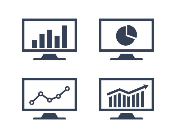 infographic monitoring icons, financial growth graphic chart statistic monitoring icon set, financial analytic chart graphs on monitor increase stat stock illustrations