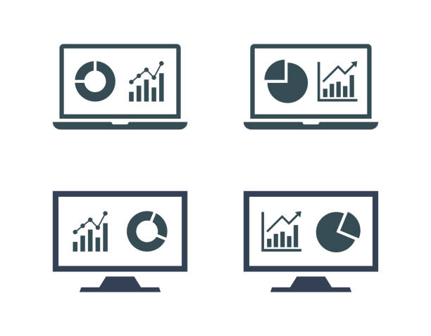 infographic monitoring icon set, financial web analytic graphic chart statistic monitoring icon set, financial analytic chart graphs on computer screen increase stat stock illustrations