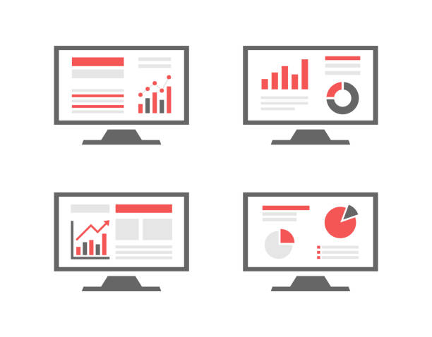 web statistic monitoring icon set, financial analytic chart graphs on computer screen infographic monitoring icons, financial growth graphic chart increase stat stock illustrations