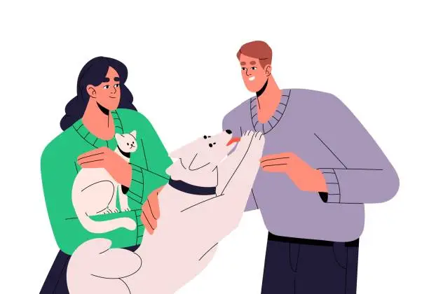 Vector illustration of Happy pet owners care about their domestic animals. People adopt funny dog. Man loves, plays with fluffy puppy. Woman holds cat, kitty in hands. Flat isolated vector illustration on white background