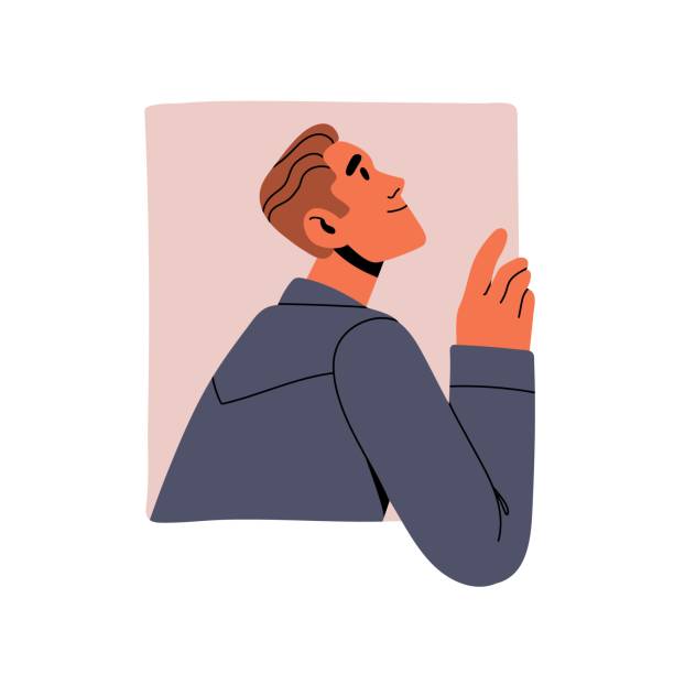 Interested people peeking outside window. Curious man with happy face looking up. Male head with positive emotions staring with curiosity. Flat isolated vector illustration on white background Interested people peeking outside window. Curious man with happy face looking up. Male head with positive emotions staring with curiosity. Flat isolated vector illustration on white background. good looking man looking up stock illustrations
