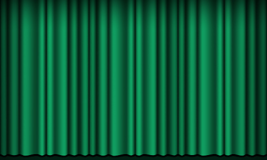 Green curtain background. Theatrical drapes. Green fabric. Wavy silk background.