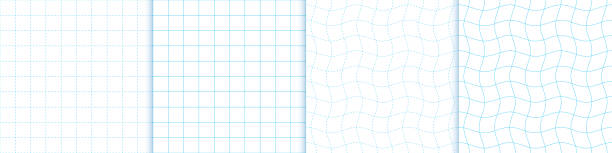 illustrations, cliparts, dessins animés et icônes de ensemble de papier millimétré bleu et blanc avec ligne pointillée droite et ondulée, carré géométrique et motif de grille pour l’école, papier peint, toile de fond, vecteur de livre. - graph paper mesh paper book