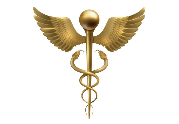 ilustraciones, imágenes clip art, dibujos animados e iconos de stock de elemento vectorial de icono médico caduceo de oro. vara de serpiente médica con alas caduceus plantilla de letrero de logotipo dorado vector aislado sobre fondo blanco - hospital science backgrounds snake