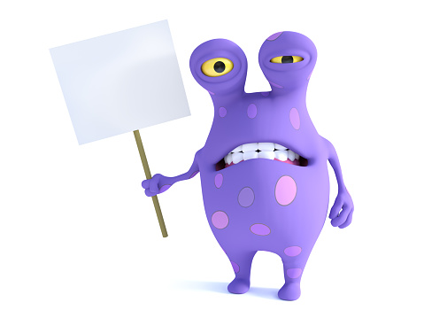 A cute charming cartoon monster holding a blank sign and looking disgusted. The monster is purple with big spots. White background.