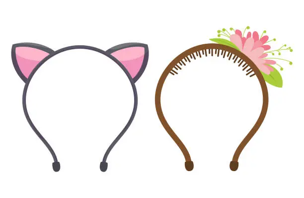 Vector illustration of Feminine headbands bezel cat ears and blossom flowers with leaves set vector flat illustration