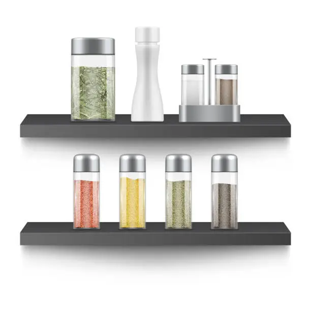Vector illustration of Kitchen spices in glass can on shelves seasoning cooking ingredient in container realistic vector