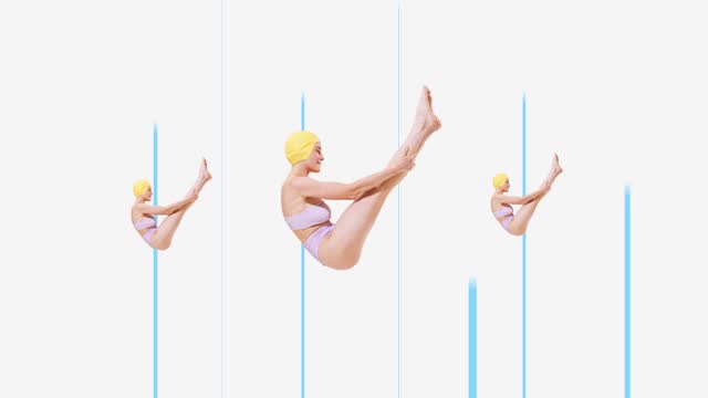 Stop motion. Animation. Young cheerful girl in colorful swimming suit jumping into invisible water, diving.