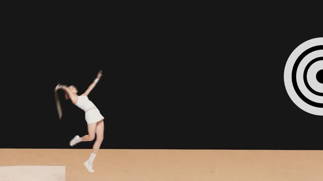 Stop motion. Animation. Young beautiful woman in white uniform playing badminton, tennis against black background.