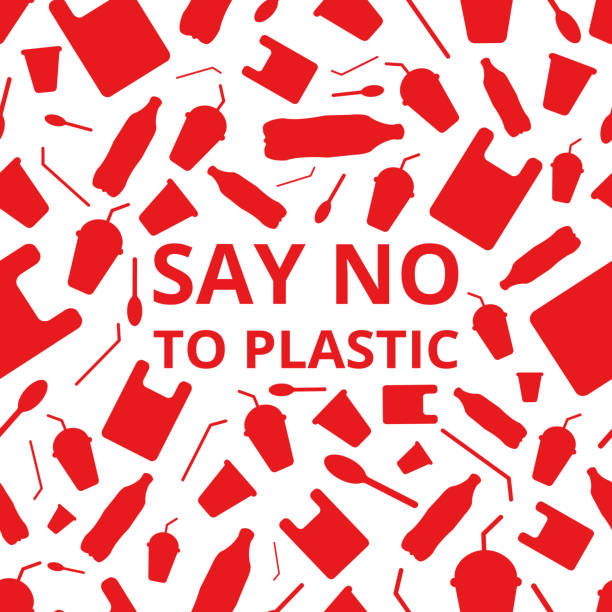 Reuse reduce recycle. Say no to plastic Say no to plastic - save the Earth. Seamless pattern with red lettering words plastic garbage bottle cup straw spoon and bag on a transparent background. Plastic problem. Reuse reduce recycle plastic wrap luggage stock illustrations