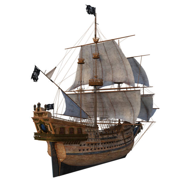 istock Old wooden pirate ship in full sail viewed from behind the stern. Isolated 3D rendering. 1820191903