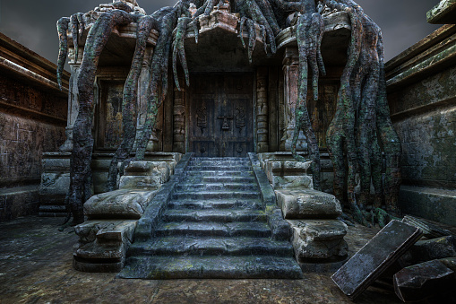 Fantasy ancient temple entrance with stone steps leading to a heavy wooden door. 3D rendering.