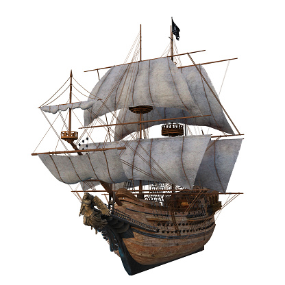 Old wooden pirate ship in full sail with a carved woman figurehead on the bow. Isolated 3D illustration.