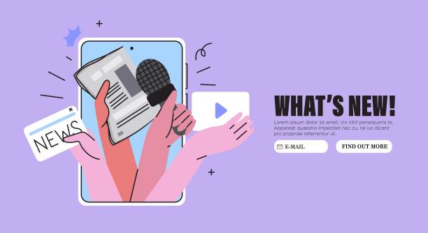 tangan dengan pengeras suara, berbagi atau menyiarkan berita terbaru atau hangat, streaming langsung. istirahat untuk umpan berita selama jam kerja. ilustrasi gaya grafis vektor untuk spanduk web atau media sosial, ui, aplikasi. - surat kabar ilustrasi stok