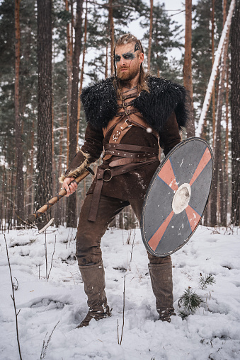 Viking Warrior with Axe and Shield in Snowy Woods
