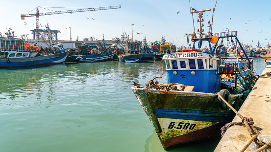 Essaouira, Morocco - 17 September 2022: Traditional blue fishing boat docked in port of Essaouira. Fishing boats line the harbor, bringing in the day's catch, while seagulls circle overhead