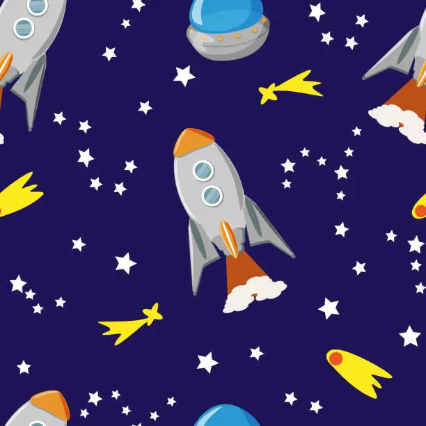 Vector illustration of pattern rocket, UFO, stars in space