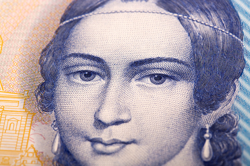 Clara Schumann a closeup portrait from old German money - Mark