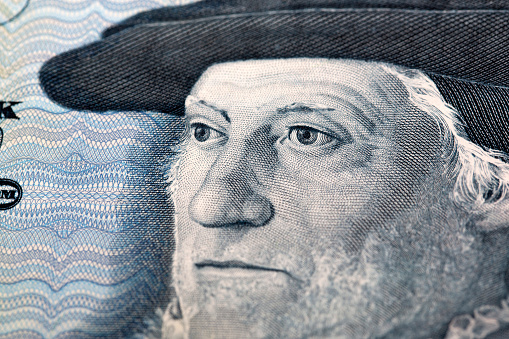 Sebastian Munster a closeup portrait from old German money - Mark