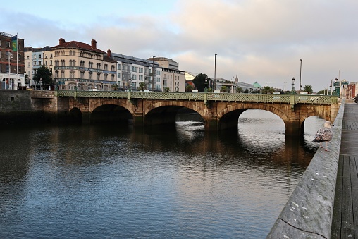 Dublin, Ireland – September 20, 2021: Grattan Bridge over the River Liffey from Ormond Quay Lower