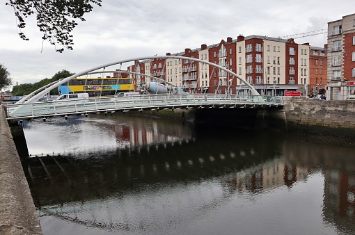 Dublin, Ireland – September 20, 2021: James Joyce Bridge over the River Liffey from Usher's Island