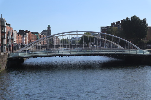 Dublin, Ireland – September 20, 2021: James Joyce Bridge over the River Liffey from Rory O'More Bridge