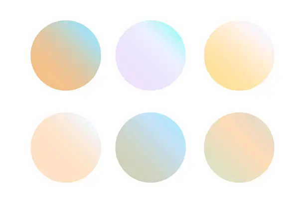 Vector illustration of Set of Colourful Holographic Gradient Badges. Abstract backgrounds. Modern Vector Illustration. Holographic Fluid with Gradient Mesh. Retro Style. Pearlescent Graphic. Social Media Template.