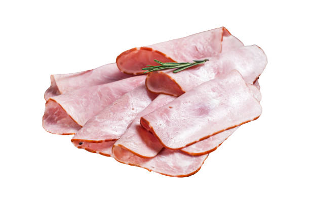 istock Flat slices of square sandwich ham with herbs.  Isolated, white background. 1820231122