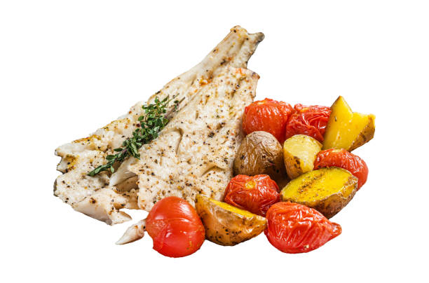 roasted pollock fish fillet in plate with garnish tomato and potato.  isolated, white background. - pollock trawler imagens e fotografias de stock