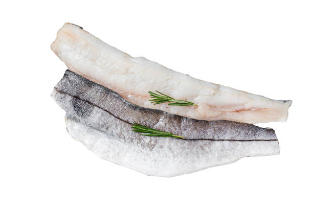 raw fish fillets on grill with rosemary and herbs.  isolated, white background. - pollock trawler imagens e fotografias de stock