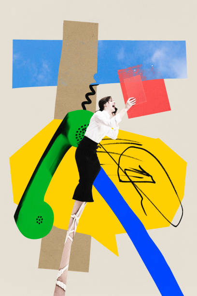 Young woman talking on phone, communicating with customers, working with customer services. Contemporary art collage.