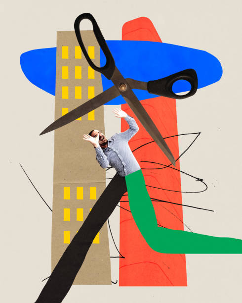 istock Deadlines and challenges. Employee, man running away from scissors. Abstract background. Contemporary art collage. 1820234356