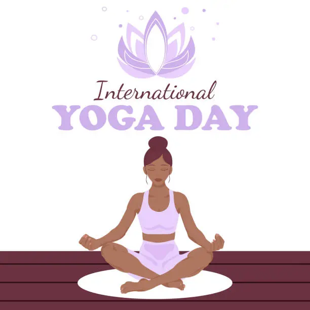 Vector illustration of Black woman sitting in lotus position doing yoga