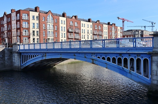 Dublin, Ireland – September 20, 2021: Rory O'More Bridge over the River Liffey from Victoria Quay